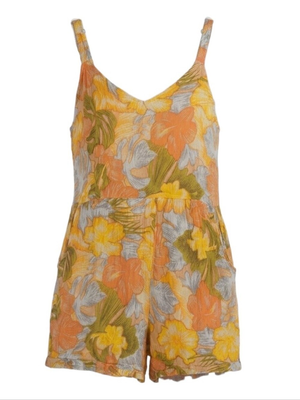 Raya Sun Hawaiian Print V Neck Romper - Size Large Monstera Floral Cotton Rayon